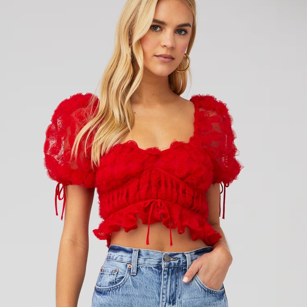 For Love And Lemons “Hannah” Red Puff Sleeve Crop Blouse